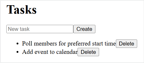 Screenshot of the Tasks App showing two tasks with delete buttons and UI to create new tasks.